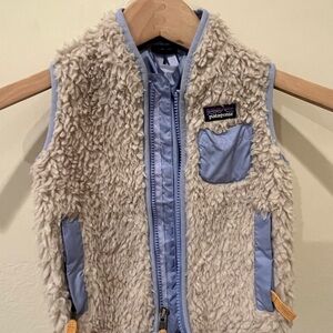 Patagonia Cream Sherpa Vest with Light Blue Trim